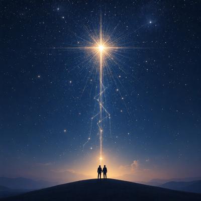 Primary subject: Two people standing on a hill at night.

Setting/background: The sky is filled with stars, and the couple is standing on a hill with a mountainous background.

Visual style: The image is a digital artwork.

Colors and mood: The image has a serene and peaceful atmosphere, with the couple standing under a beautiful night sky filled with stars.